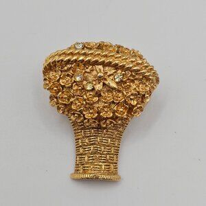 VTG 1970s Brooch Gold Tone Flower Basket Solid Held Perfume Bottle Opening Pin